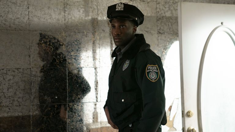 Justin Hurtt-Dunkley as Officer Ronald Trammel in new Kate Winslet drama Mare of Easttown. Pic: Sky UK/HBO