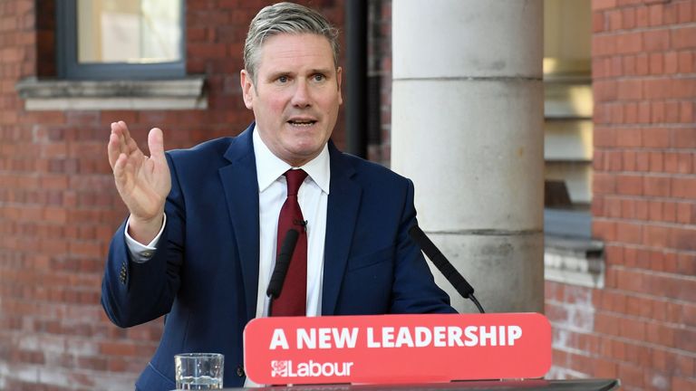 Labour leader Sir Keir Starmer delivers his keynote speech during the party&#39;s online conference from the Danum Gallery, Library and Museum in Doncaster.
