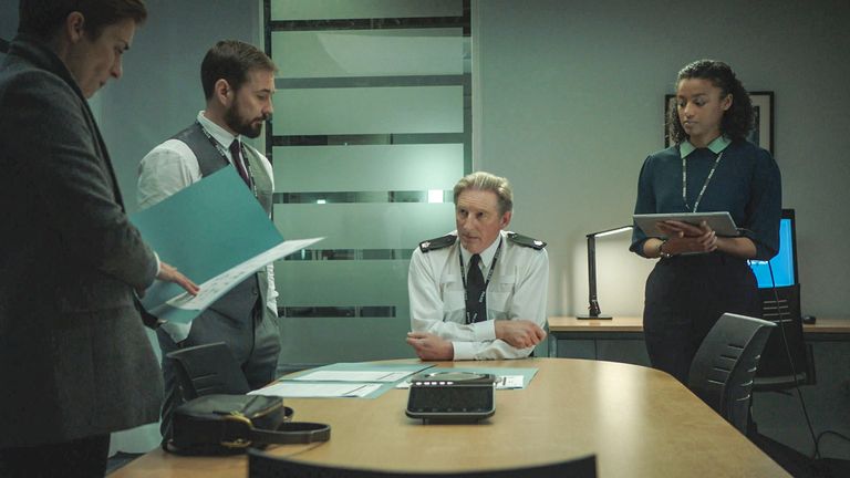 Kate Fleming, Steve Arnott, Ted Hastings and Chloe Bishop in Line Of Duty. Pic: BBC/World Productions/Steffan Hill