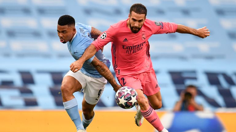 Manchester City&#39;s Gabriel Jesus (L) and Real Madrid&#39;s Dani Carvajal pictured during last season&#39;s Champions League. Pic: AP