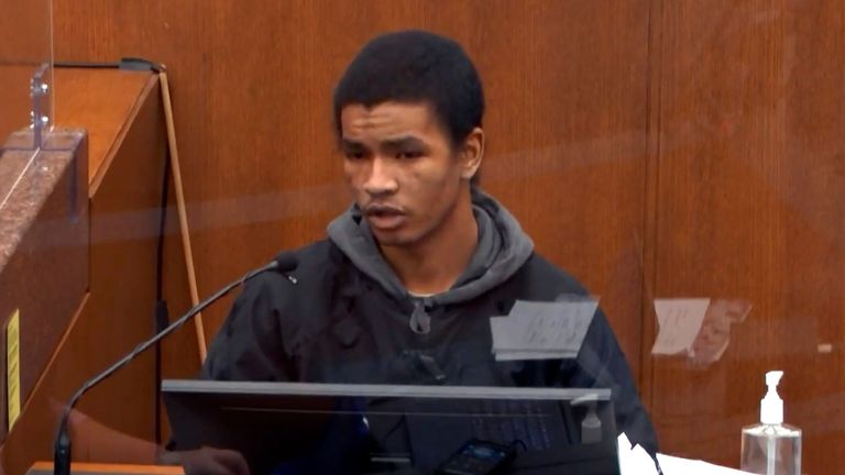 In this image from video, witness Christopher Martin answers questions Wednesday, March 31, 2021, in the trial of former Minneapolis police Officer Derek Chauvin, in the May 25, 2020, death of George Floyd at the Hennepin County Courthouse in Minneapolis, Minn. (Court TV via AP, Pool)