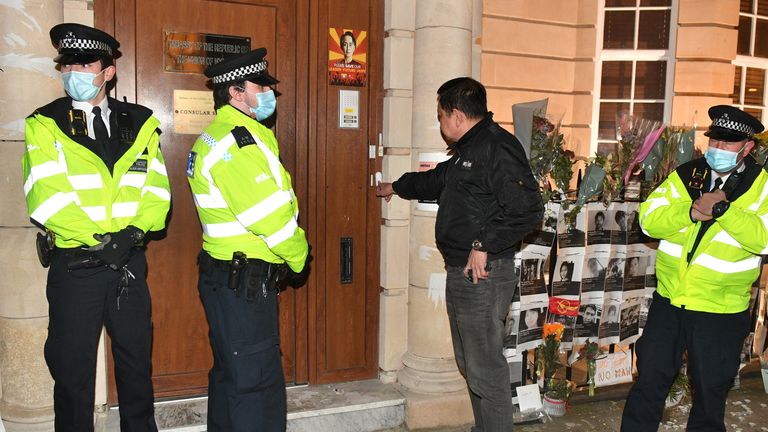 Myanmar ambassador to UK Kyaw Zwar Minn tries unsuccessfully to enter the Embassy of Myanmar in Mayfair, London. Picture date: Wednesday April 7, 2021.