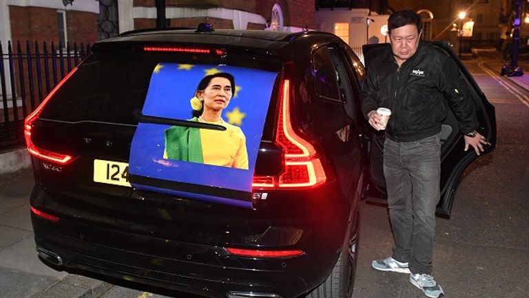 Myanmar ambassador Kyaw Zwar Minn outside the London embassy