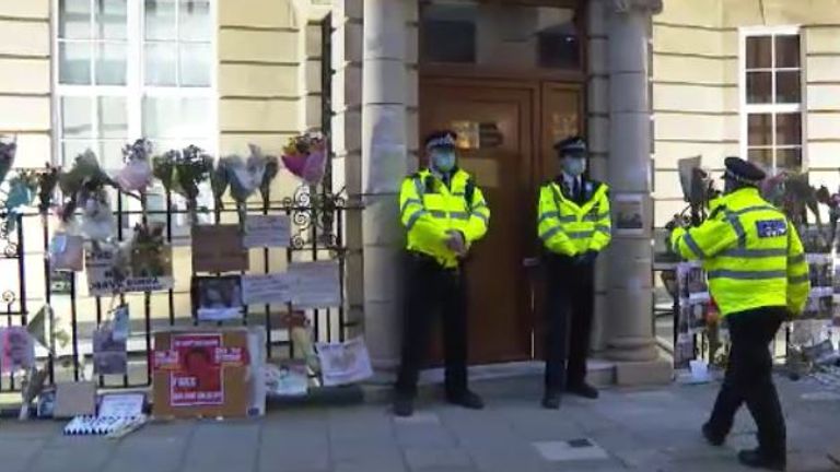Police said public order officers were outside the embassy on Wednesday evening