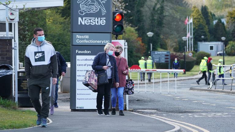 People leaving the Nestle plant at Fawdon near Newcastle on Wednesday