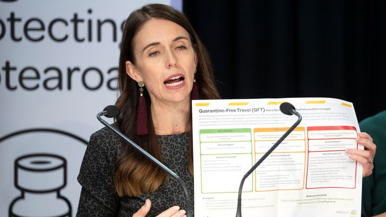 New Zealand..fs Prime Minister Jacinda Ardern announces in Wellington, Tuesday, April 6, 2021, conditions for quarantine-free travel with Australia. 06 April, 2021. The start of quarantine-free travel between the neighboring nations comes as a relief to families who have been separated by the coronavirus pandemic as well as to struggling tourist operators.(Mark Mitchell/New Zealand Herald via AP)