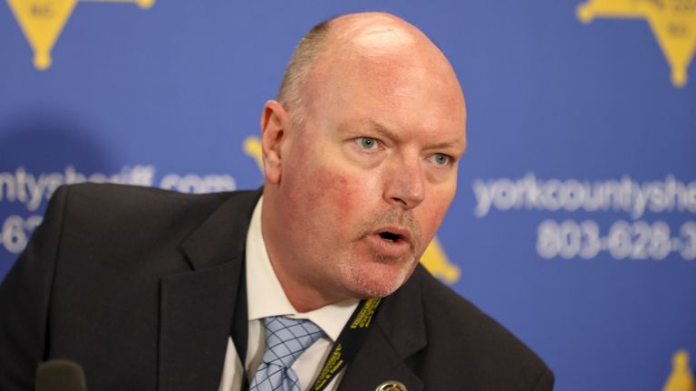 York County Sheriff Kevin Tolson speaks during a press conference on Thursday, April 8, 2021, in York, S.C. where he addressed the mass shooting by former NFL football player Phillip Adams. (AP Photo/Nell Redmond)