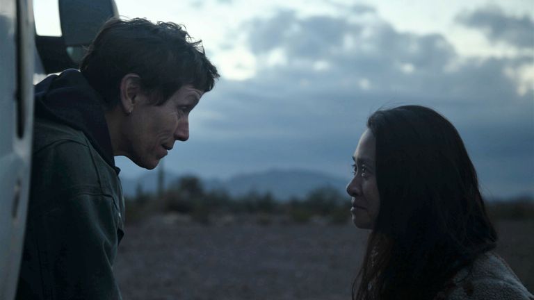 Nomadland star Frances McDormand and director Chloe Zhao on set. Pic: Searchlight Pictures/20th Century Studios 