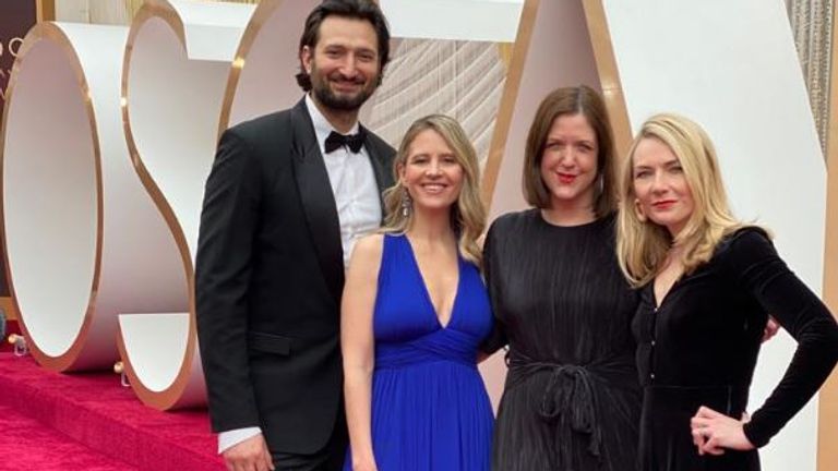 Sky News crew at the Oscars red carpet in 2020. The red carpet will be happening but it&#39;s the first in many years Sky hasn&#39;t sent a team to LA because of COVID-19 