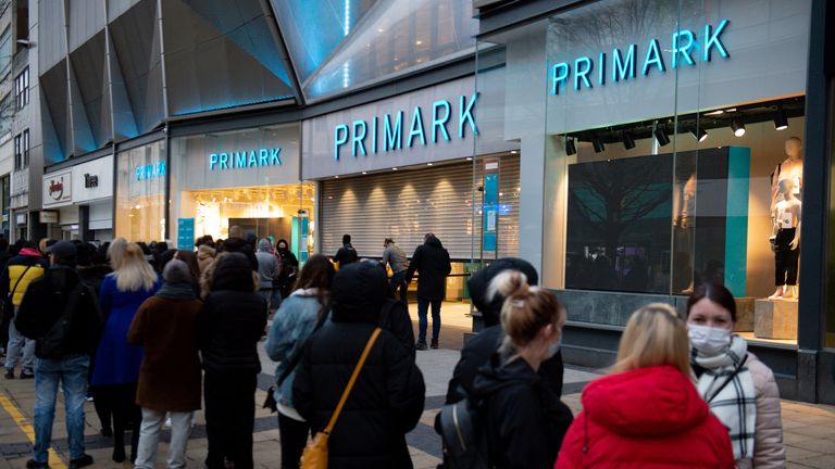 Early morning shoppers at Primark, in Birmingham, as England takes another step back towards normality with the further easing of lockdown restrictions. Picture date: Monday April 12, 2021.