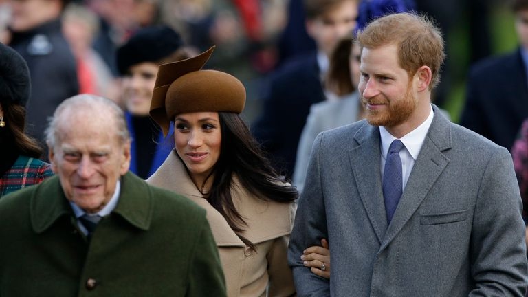 Kate, Duchess of Cambridge, Prince Philip, Meghan Markle, and Prince Harry arrive for a Christmas Day service in 2017