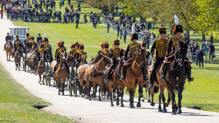 The King's Troop Royal Horse Artillery arrives at Windsor Castle in preparation for the Gun Salute on the palace grounds on the day of the funeral of Britain's Prince Philip, husband of Queen Elizabeth, who died at the age of 99, in Windsor, Britain April 17, 2021. Antonio Olmos/Pool via REUTERS