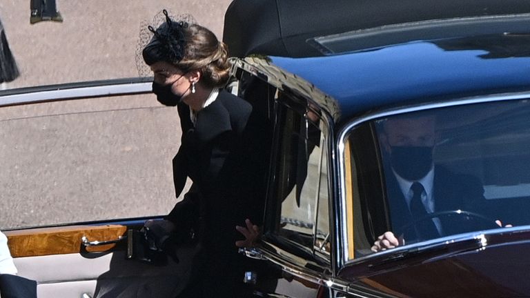 The Duchess of Cambridge arriving outside St George&#39;s Chapel, Windsor Castle, Berkshire, ahead of the funeral of the Duke of Edinburgh. Picture date: Saturday April 17, 2021.