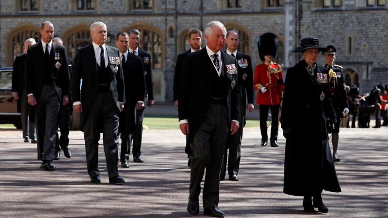 Britain&#39;s Prince Charles walks behind the hearse on the grounds of Windsor Castle during the funeral of Britain&#39;s Prince Philip, husband of Queen Elizabeth, who died at the age of 99, in Windsor, Britain, April 17, 2021. Alastair Grant/Pool via REUTERS