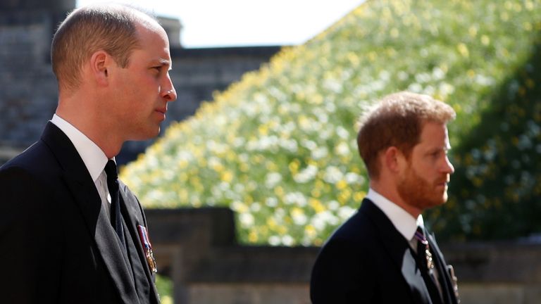 Britain&#39;s Prince William, Duke of Cambridge and Prince Harry, Duke of Sussex walk behind the hearse on the grounds of Windsor Castle during the funeral of Britain&#39;s Prince Philip, husband of Queen Elizabeth, who died at the age of 99, in Windsor, Britain, April 17, 2021. Alastair Grant/Pool via REUTERS