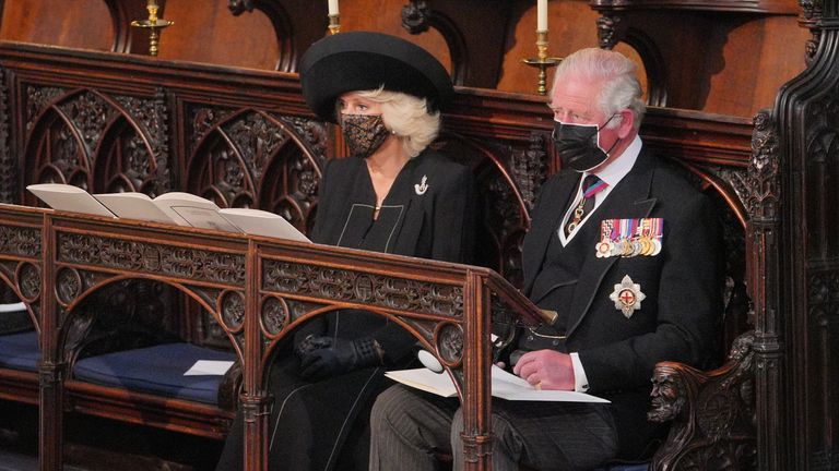 The Duchess of Cornwall and the Prince of Wales during the Duke of Edinburgh&#39;s funeral at St George&#39;s Chapel, in Windsor Castle, Berkshire. Picture date: Saturday April 17, 2021.