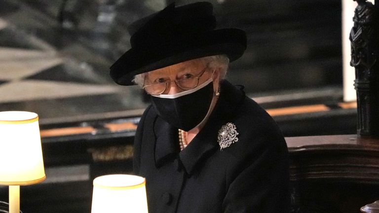 Queen Elizabeth II during the funeral of the Duke of Edinburgh in St George&#39;s Chapel, Windsor Castle, Berkshire. Picture date: Saturday April 17, 2021.
