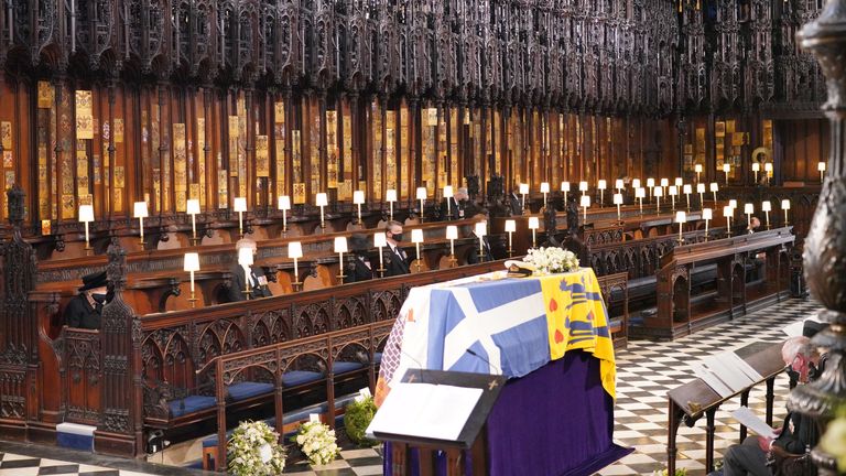 Queen Elizabeth II (left) and the Prince of Wales (right) during the funeral of the Duke of Edinburgh, at St George&#39;s Chapel, Windsor Castle, Berkshire. Picture date: Saturday April 17, 2021.