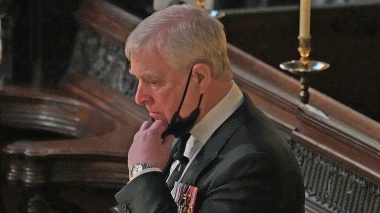 The Duke of York during the funeral of the Duke of Edinburgh in St George&#39;s Chapel, Windsor Castle, Berkshire. Picture date: Saturday April 17, 2021.