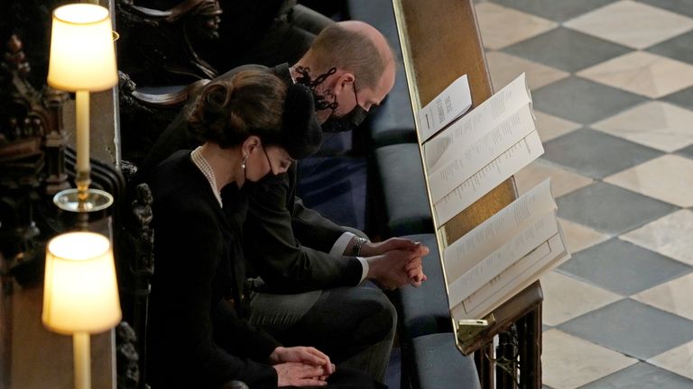 Britain?s Prince William and Britain's Catherine, Duchess of Cambridge attend the funeral of Britain's Prince Philip, husband of Queen Elizabeth, who died at the age of 99, at St George's Chapel, in Windsor Castle, in Windsor, Britain, April 17, 2021. Yui Mok/Pool via REUTERS
