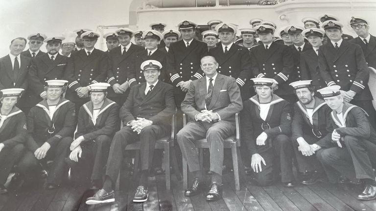 Prince Philip with Jayne Griffiths&#39; father on board THV Patricia. Pic: Jayne Griffiths