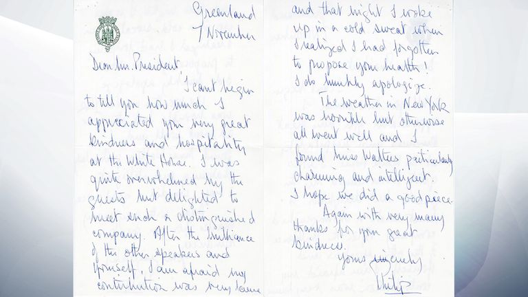 Prince Philip&#39;s letter. Pic: Nixon Presidential Library