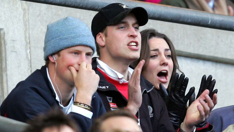 ** FILE ** Britain's Prince William, center, his girlfriend Kate Middleton and brother Prince Harry watch an England versus Italy Six Nations rugby match at Twickenham stadium in London, in this Saturday Feb. 10, 2007 file photograph. Prince William and his long-term girlfriend Kate Middleton have ended their relationship, a British newspaper reported Saturday April 14, 2007. The newspaper said the split was caused by the huge pressures on the young couple and because of William's career in the 