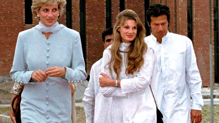 The Princess of Wales (L) and her friends Jemima and Imran Khan (R) walk past the Shaukat Khanum Memorial Cancer Hospital in Lahore February 22. Princess Diana is in Lahore for a two day visit