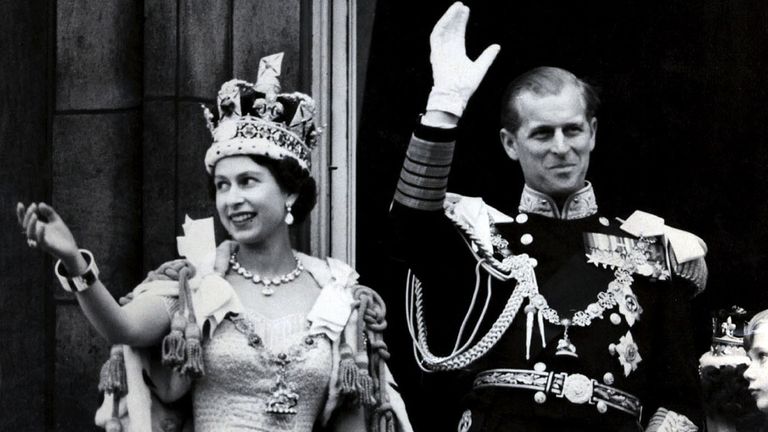 The Queen and Prince Philip after her coronation in June 1953