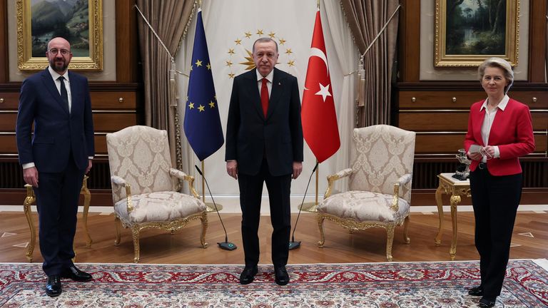 Two chairs for three leaders... (L-R Charles Michel, Recep Tayyip Erdogan and Ursula von der Leyen)