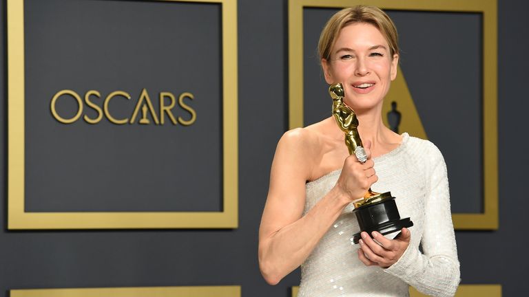 Renee Zellweger, best actress winner for Judy, poses in the press room at the Oscars in 2020. Pic: AP