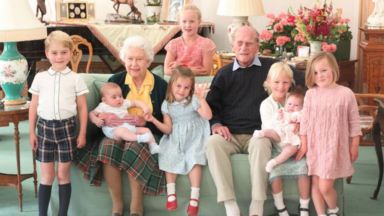 The Royal Family released this picture following the death of Prince Philip (right), with baby Louis pictured in the Queen&#39;s arms