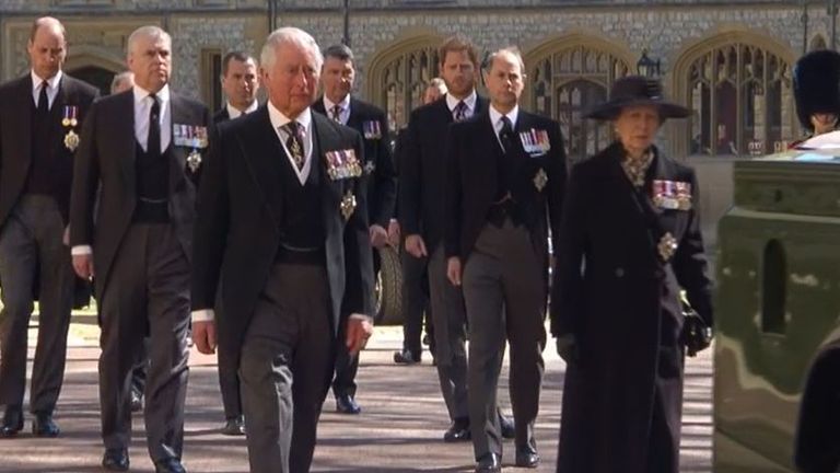Members of the royal family walk behind Prince Philip&#39;s coffin 