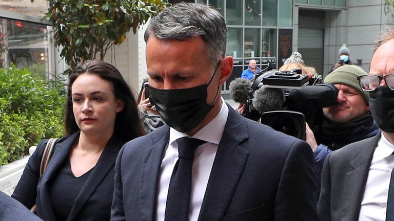 Former Manchester United footballer Ryan Giggs arrives at Manchester Magistrates&#39; Court, with his legal team, where he is charged with assaulting two women and controlling or coercive behaviour. Picture date: Wednesday April 28, 2021.