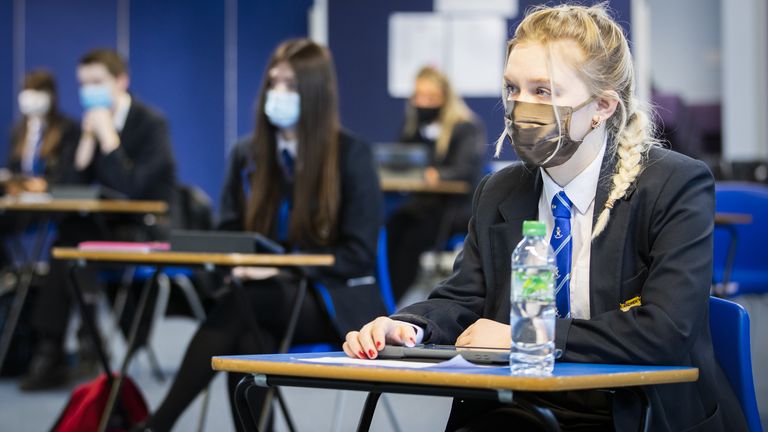 S5 and S6 students during an English Literature class at St Andrew&#39;s RC Secondary School in Glasgow as more pupils are returning to school in Scotland in the latest phase of lockdown easing. Picture date: Monday March 15, 2021.