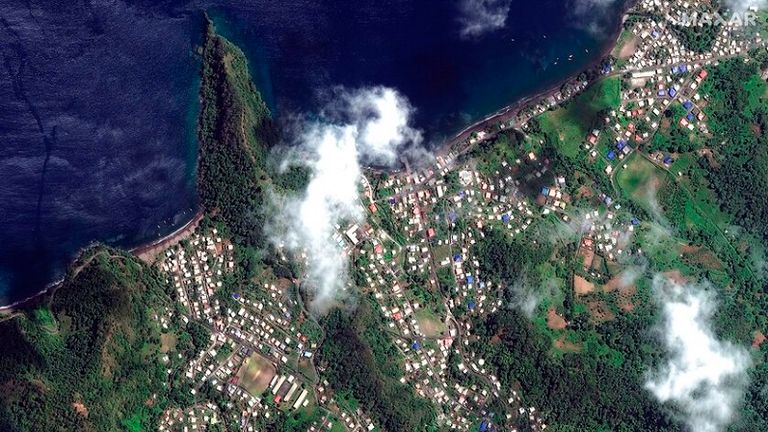 The satellite image shows the island&#39;s lush landscape before the eruption. Pic: AP