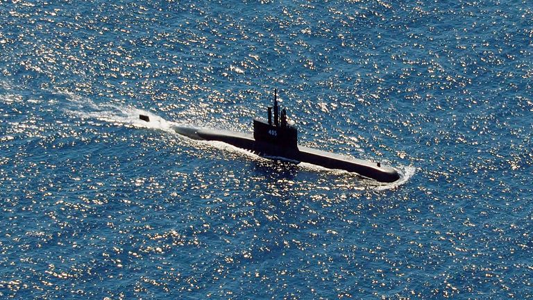 Indonesian Navy submarine KRI Alugoro during a search for the missing KRI Nanggala. Pic: AP