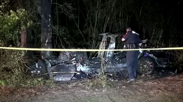 Two men died after a Tesla vehicle, which was believed to be operating without anyone in the driver&#39;s seat, crashed into a tree on April 17 north of Houston. Pic: Scott J Engle