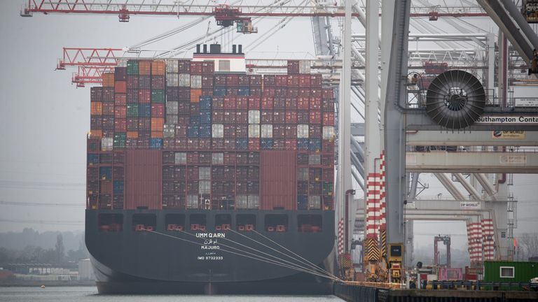 The container ship Umm Qarn at berth at DP World container terminal at the Port of Southampton. Picture date: Thursday March 4, 2021.