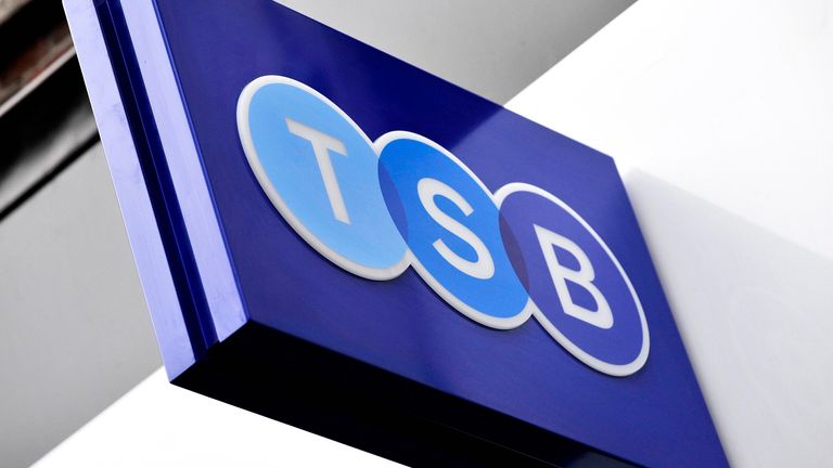TSB logo on a branch in Baker Street, London on the bank&#39;s first day of trading, launched by Lloyds Banking Group, 9/9/2013