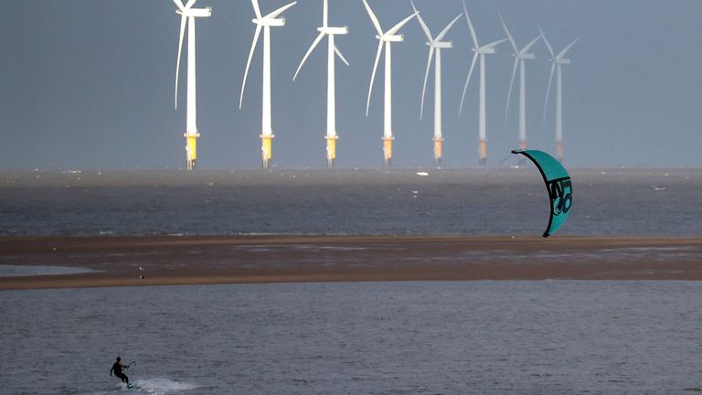 Wind farms such as Burbo Bank in Liverpool Bay, UK, produce renewable energy