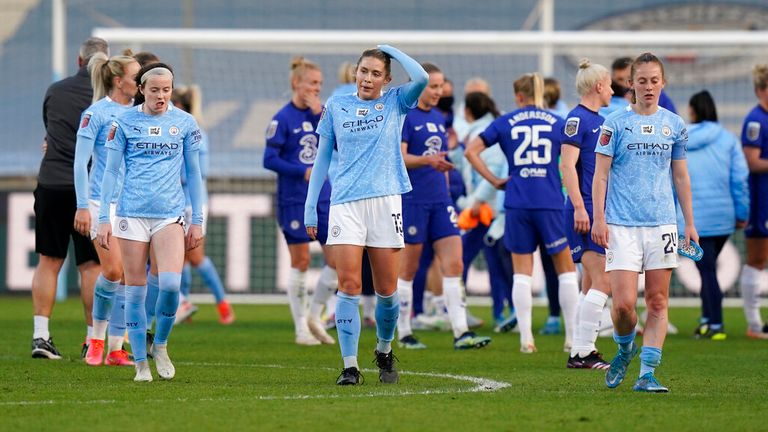 Dejected Manchester City players on the final whistle during the FA Women&#39;s Super League match in April