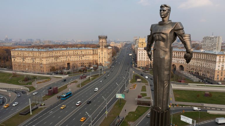 This Friday, Oct. 19, 2018 photo shows the 42-meter (138-feet) high and 12 ton (26,455 pounds) monument built in 1980 of Yuri Gagarin, the first person who flew to space, became a Moscow landmark. Gagarin's statue standing on a pedestal made to resemble a rocket exhaust is made of titanium. The successful one-orbit flight on April 12, 1961 made the 27-year-old Gagarin a national hero and cemented Soviet supremacy in space until the United States put a man on the moon more than eight years later.
