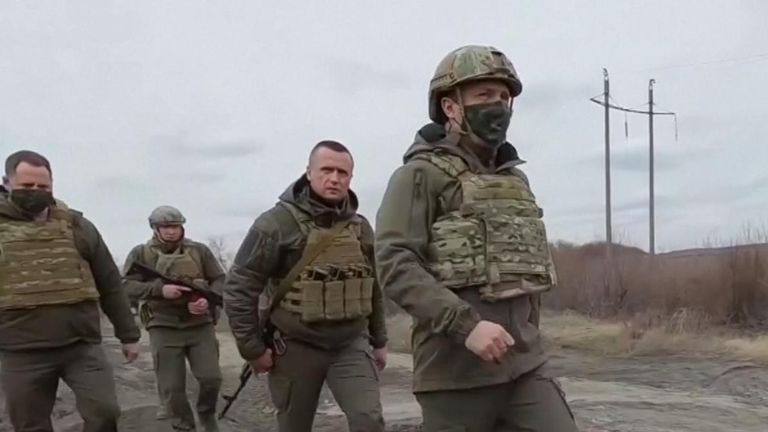Ukraine&#39;s President Volodymyr Zelenskiy visits positions of armed forces near the frontline with Russian-backed separatists during his working trip in Donbass region, Ukraine 