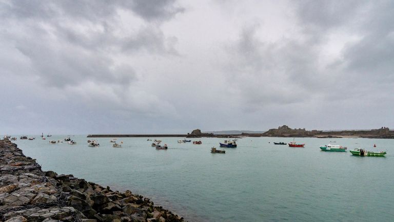 French fishing fleet is seen at the entrance to the harbour in St Helier, Jersey May 6, 2021. Marc Le Cornu/via REUTERS THIS IMAGE HAS BEEN SUPPLIED BY A THIRD PARTY. MANDATORY CREDIT