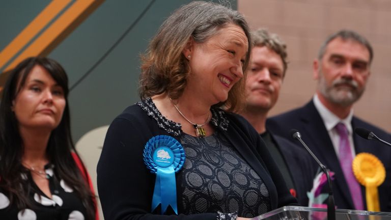 Conservative&#39;s Jill Mortimer is declared winner in the Hartlepool parliamentary by-election at Mill House Leisure Centre in Hartlepool. Picture date: Friday May 7, 2021.