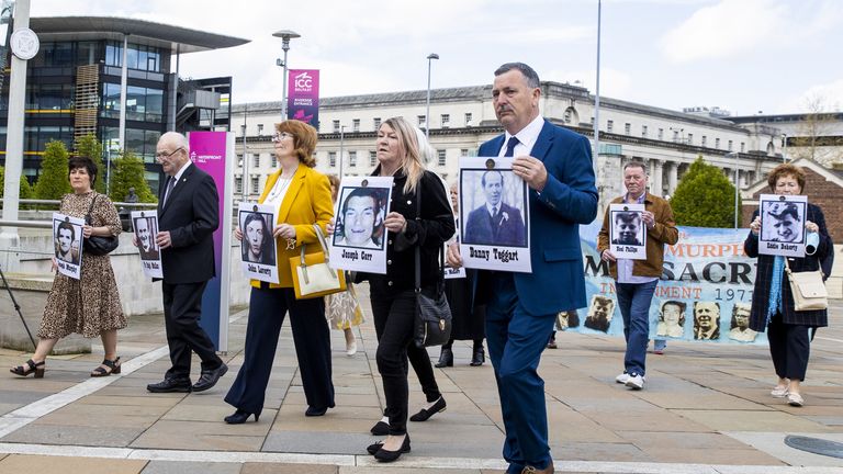 Families of people who were killed at Ballymurphy arrive at the International Convention Centre in Belfast