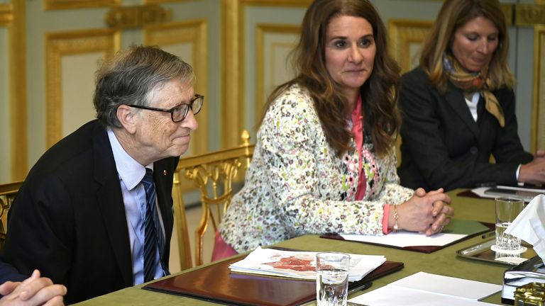 The Gates&#39; attending a meeting with the French President at the Elysee Palace in Paris in 2018