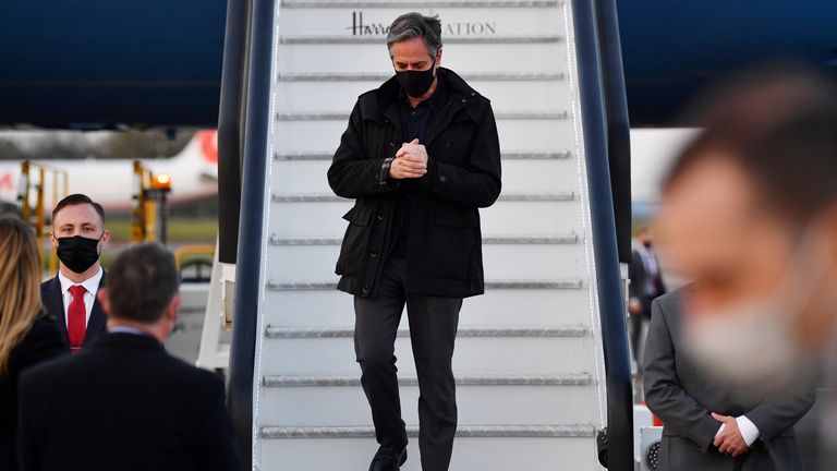 U.S. Secretary of State Antony Blinken disembarks after landing at Stansted Airport, outside London, Britain May 2, 2021 ahead of the upcoming G7 foreign ministers meeting. Ben Stansall/Pool via REUTERS