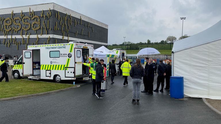 Handout photo of a team of St John Ambulance vaccination volunteers at the ESSA Academy site in Bolton, Greater Manchester. The Army is to be deployed in Bolton and Blackburn with Darwen to help mass testing efforts in order to combat the spread of the Indian variant. Picture date: Saturday May 15, 2021.